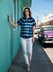 Vibrant Navy Blue Tie-Dye Everywhere Top In Soft Rayon (W1543)