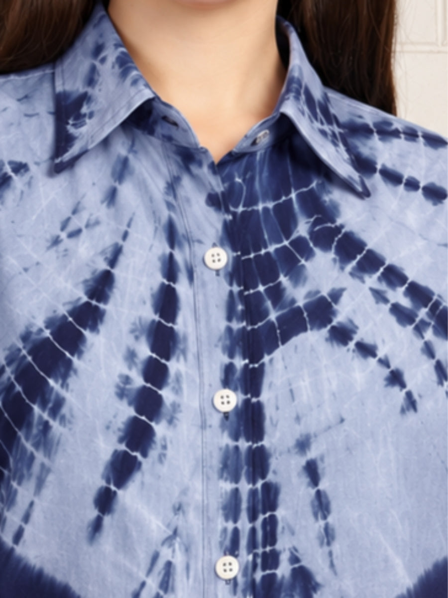 Women Blue Hand Tie & Dye Rayon Casual Shirt (W1827)