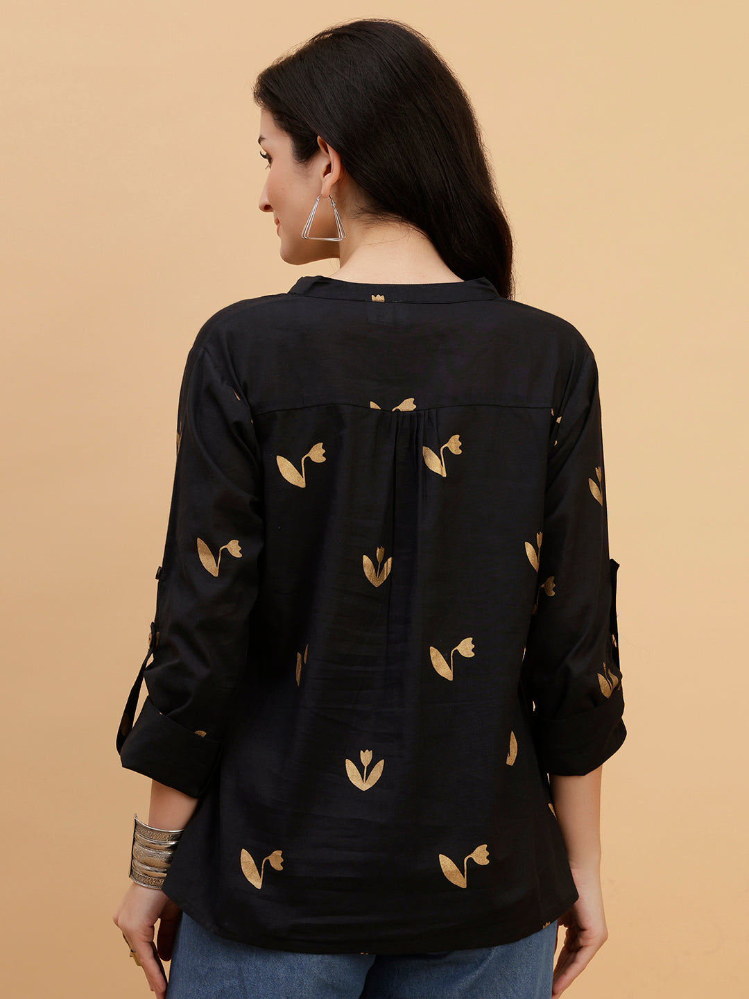 Women Black Printed Camric Casual Top (W1809)