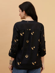 Women Black Printed Camric Casual Top (W1809)