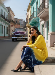 Rayon Tie Dye A-Line Navy Blue Midi Dress With Tie-Up Belt (W1242)