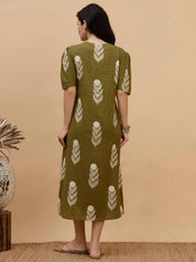 Women Olive Green Printed Camric A-Line Dress (W1813)