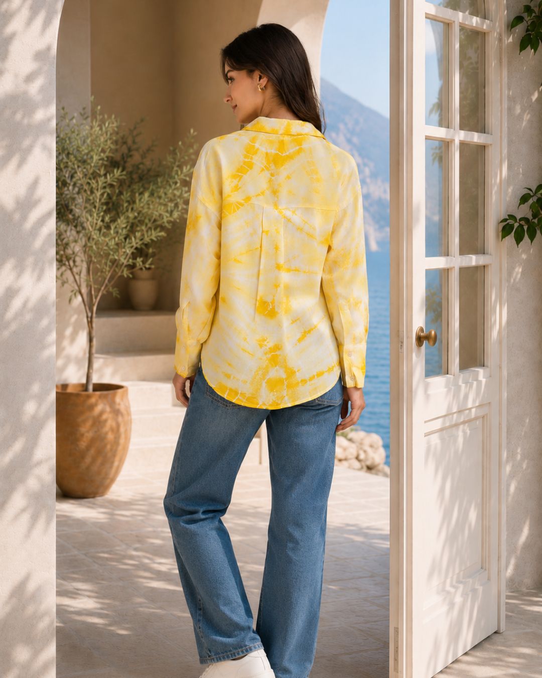 Women Casual Rayon Staple Tie & Dye Spread Collar Full Sleeves Loose Fit Shirt (W1699)