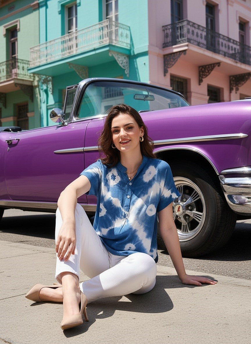 Vibrant Blue Tie-Dye Everywhere Top In Soft Rayon (W1544)