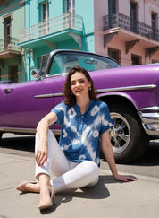 Vibrant Blue Tie-Dye Everywhere Top In Soft Rayon (W1544)