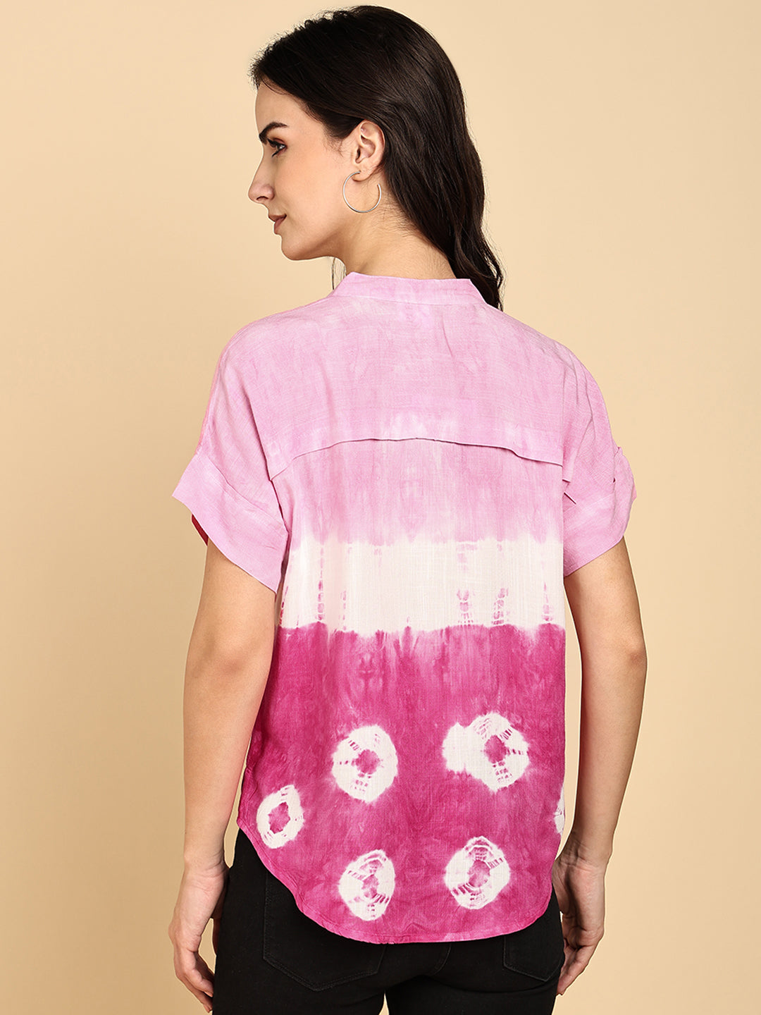 Women Casual Rayon Slub Tie & Dye Mandarin Short Sleeves Regular Fit Top (W1701)