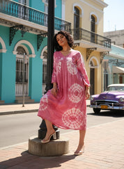 Women Handmade Floral Print Rayon Flared Pink Dress (W1597)