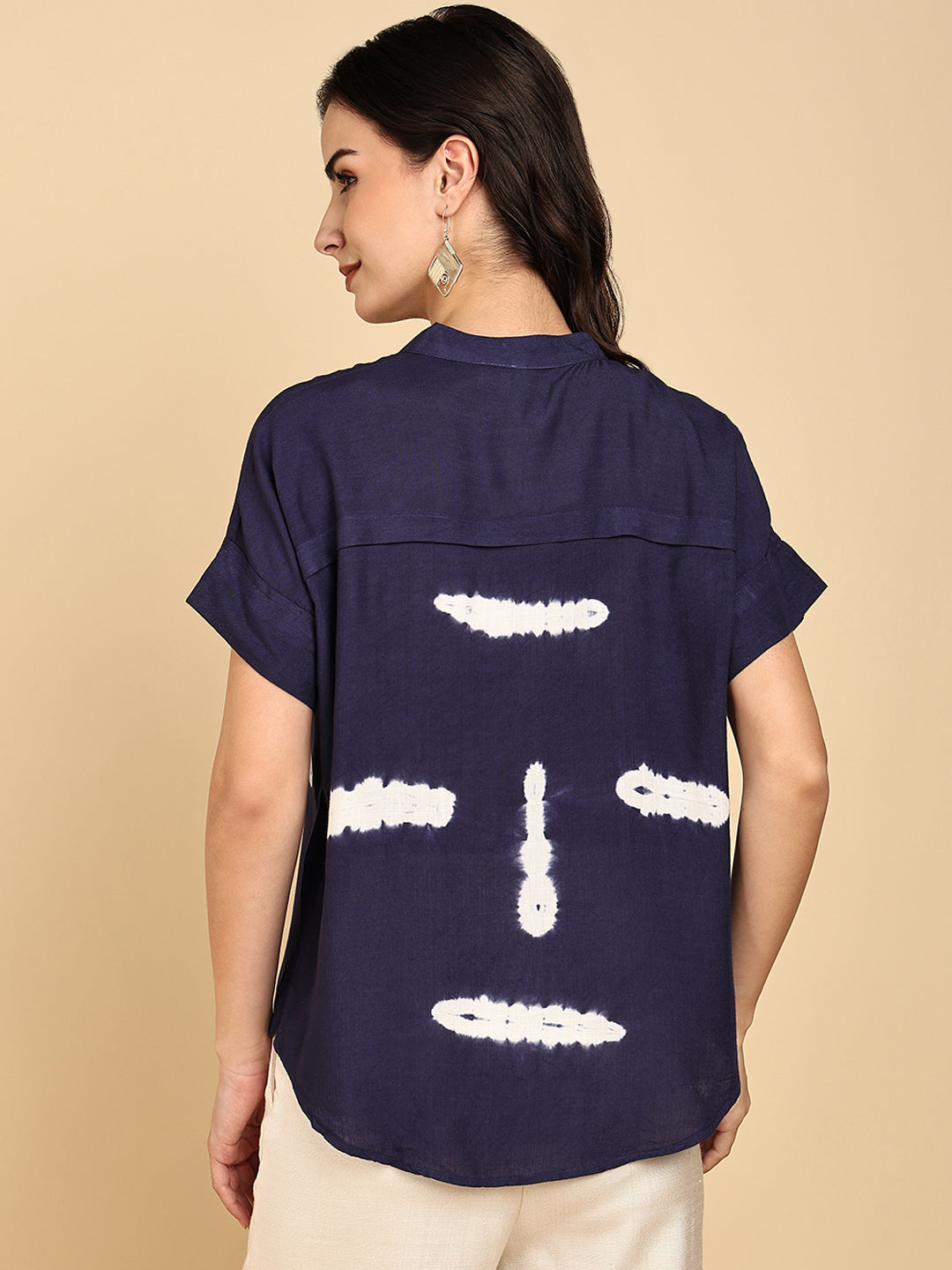 Women Casual Rayon Slub Tie & Dye Mandarin Short Sleeves Regular Fit Top (W1702)