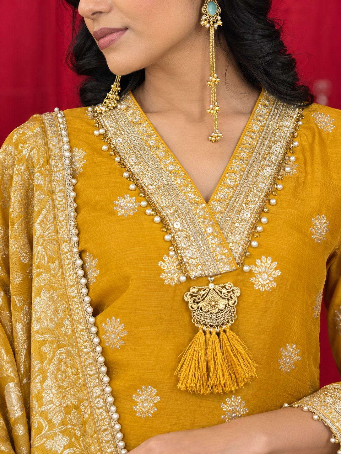Maaesa Luxe Mustard Banarasi Silk Festive Kurta Set | Kurta Bottom Dupatta (W10007)