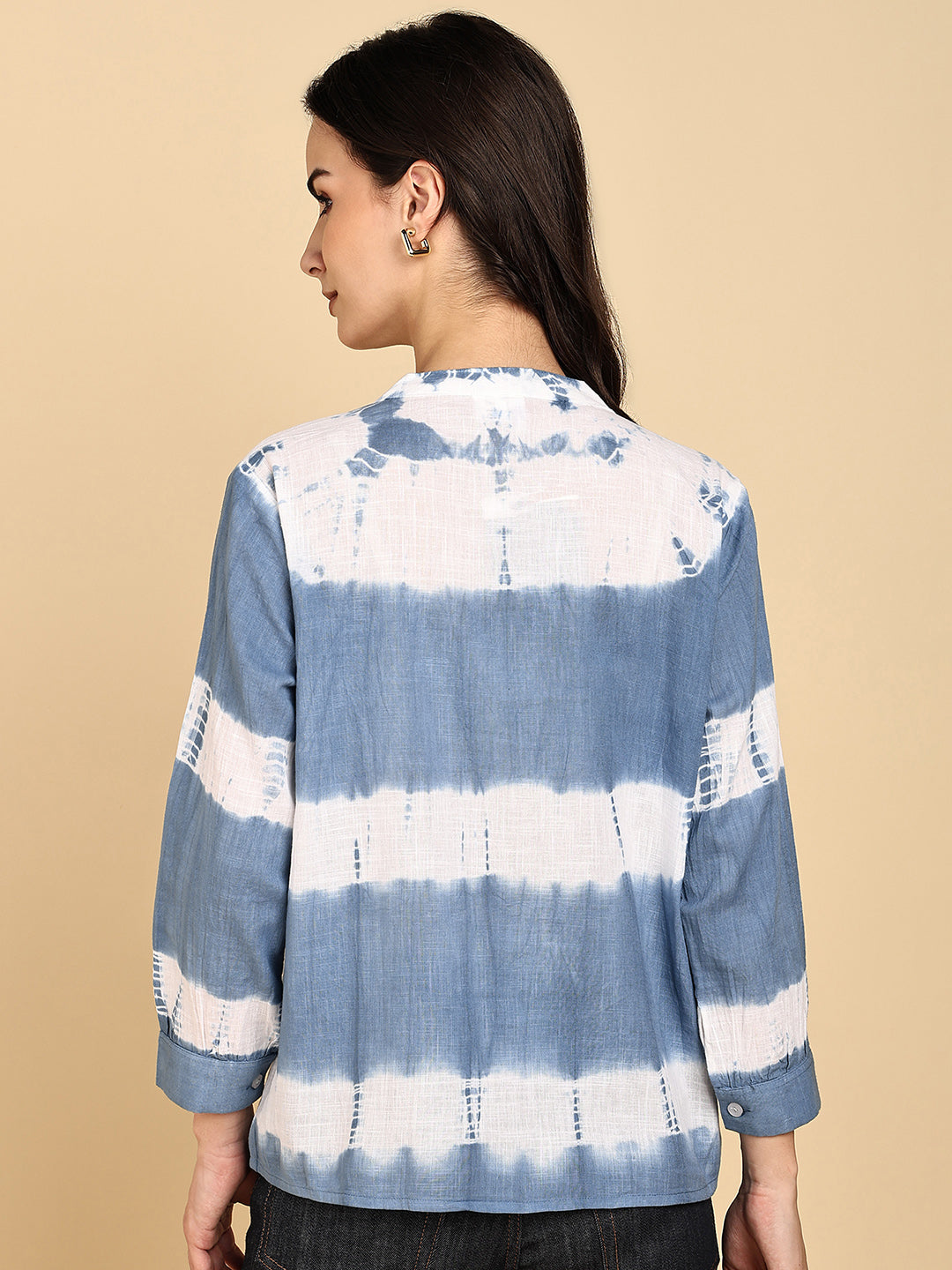 Women Casual Cotton Slub Tie & Dye Mandarin Full Sleeves Regular Fit Shirt (W1718)