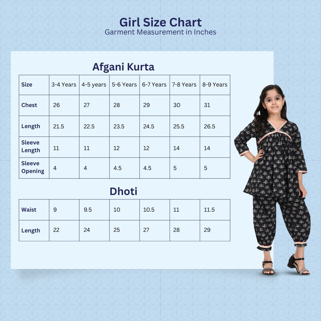 Girls Blue Printed Cotton A-line Kurta And Pant Set (K1090)