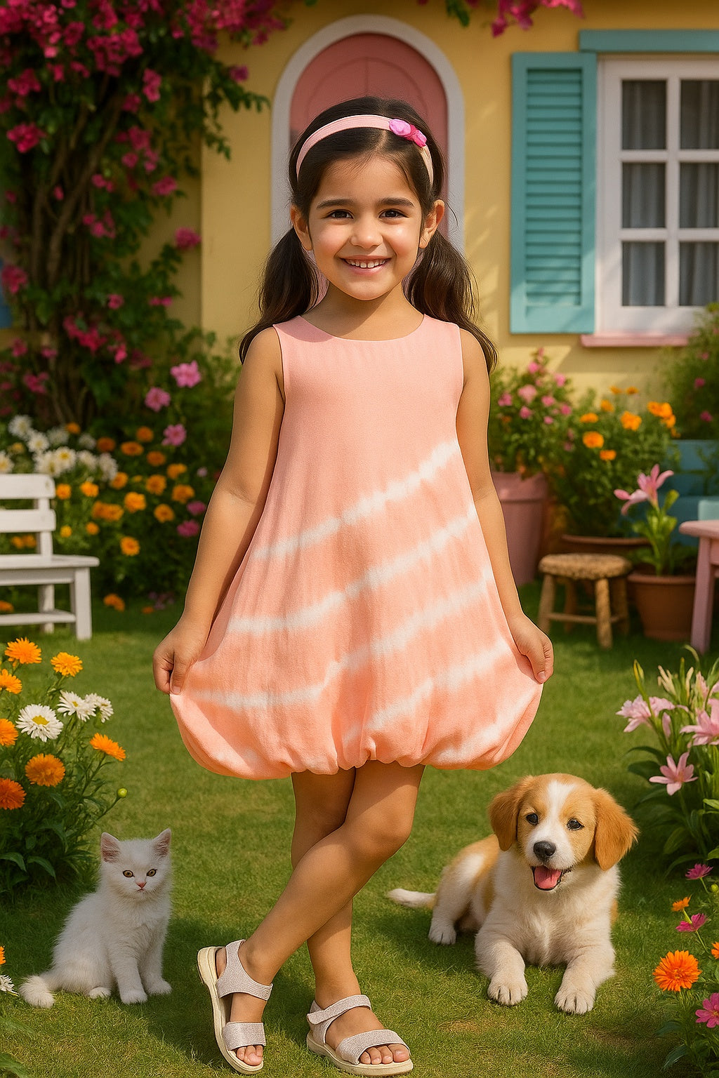 Tie & Dye Rayon Staple Fit and Flare Pink Dress for Girls (K11061)