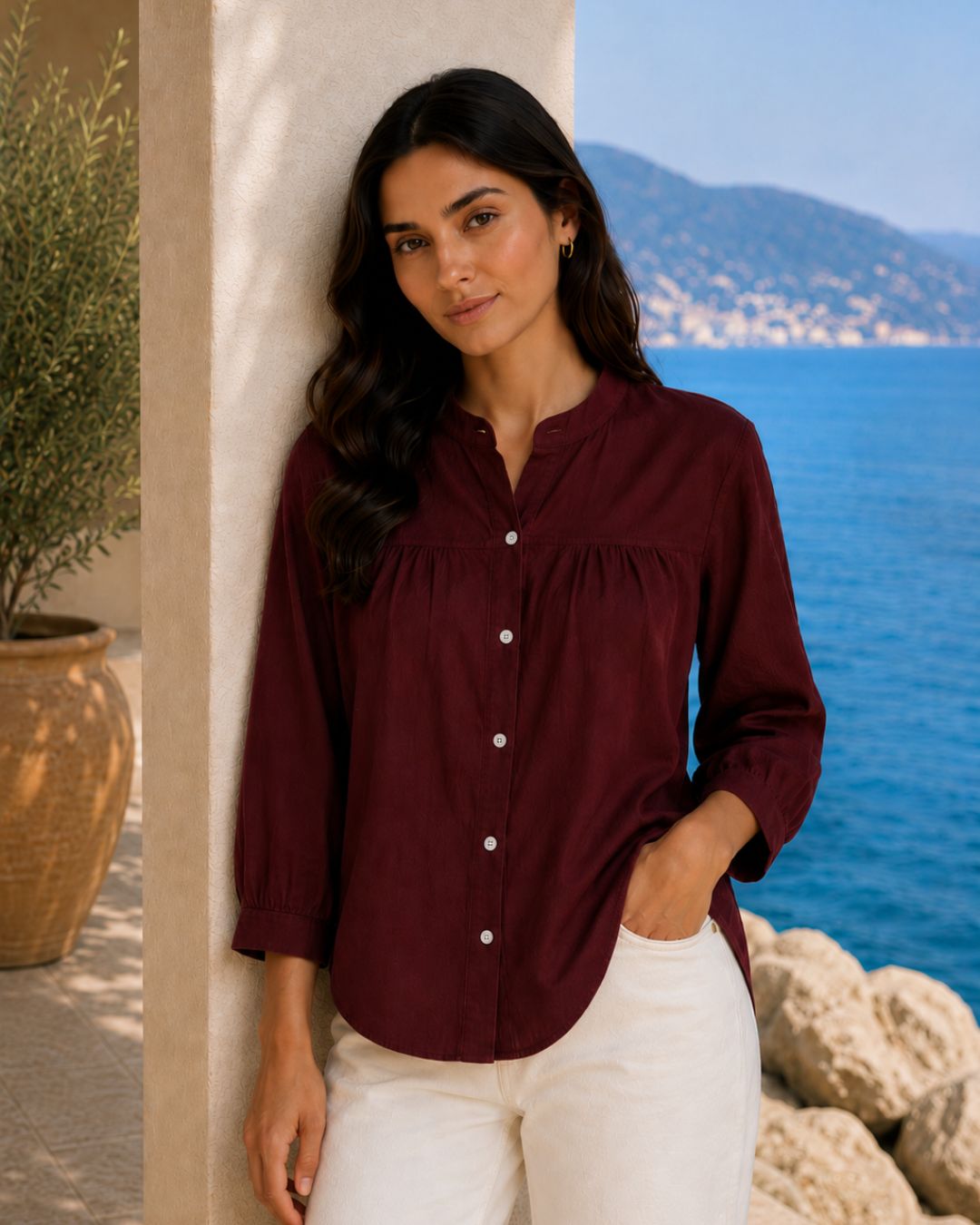 Women Rayon Slub Solid Mandarin Neck Regular Fit Shirt (W1747)