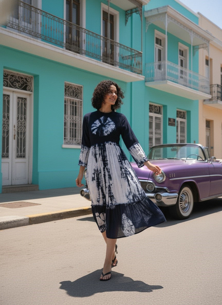 Women Handmade Floral Cotton Blend Flared Dark Blue Dress (W1606)