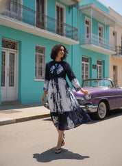 Women Handmade Floral Cotton Blend Flared Dark Blue Dress (W1606)
