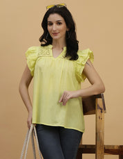 Women Yellow Tie-Dye Camric Casual Regular Fit Top (W1801)