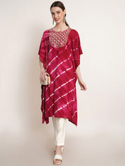 Pink White Tie Dye Embroidery Work Rayon Staple Kaftan Kurta (W1382)