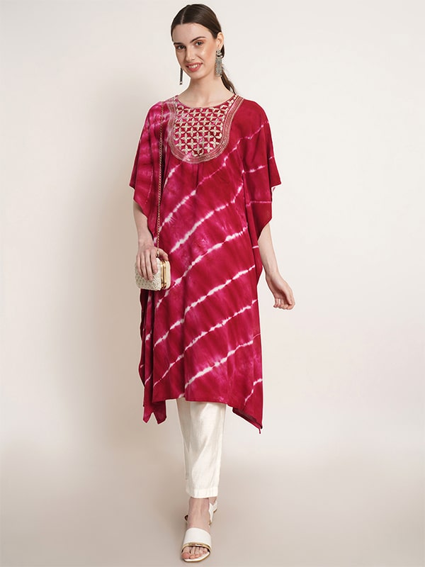 Pink White Tie Dye Embroidery Work Rayon Staple Kaftan Kurta (W1382)