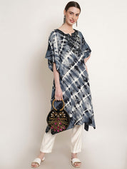 Black Bandhej Tie Dye Embroidery Work Rayon Staple Kaftan Kurta (W1380)
