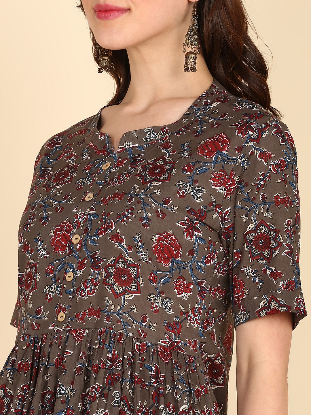 Pure Cotton Floral Printed Brown Flared Kurta (W1230)