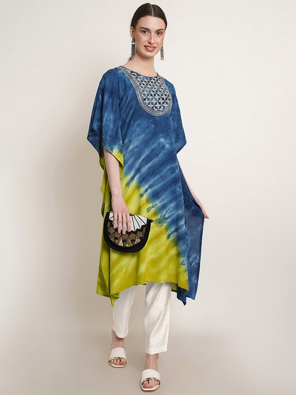 Green & Blue Tie Dye Embroidery Work Rayon Staple Kaftan Kurta (W1383)
