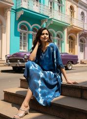 Women Rayon Crepe Tie & Dye Blue Kaftan Dress (W1348)