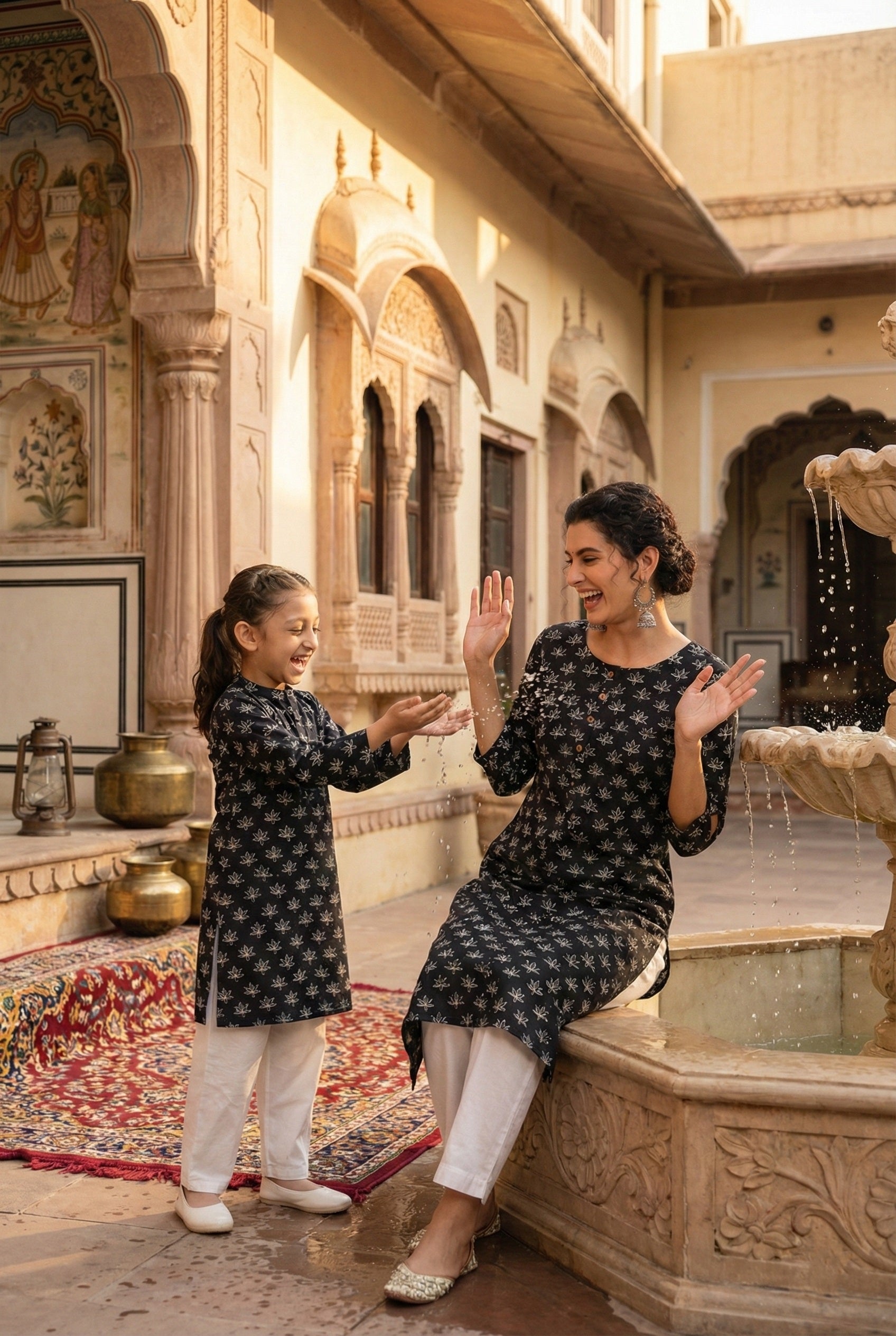 Women Printed Straight Kurta With Matching Girl Kurta Pyjama Set Mother Daughter Combo For Women & Girls (COMBO9032)