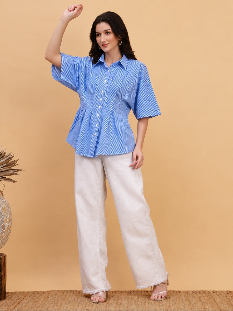 Women Pleated Blue Striped Camric Casual Shirt (W1811)