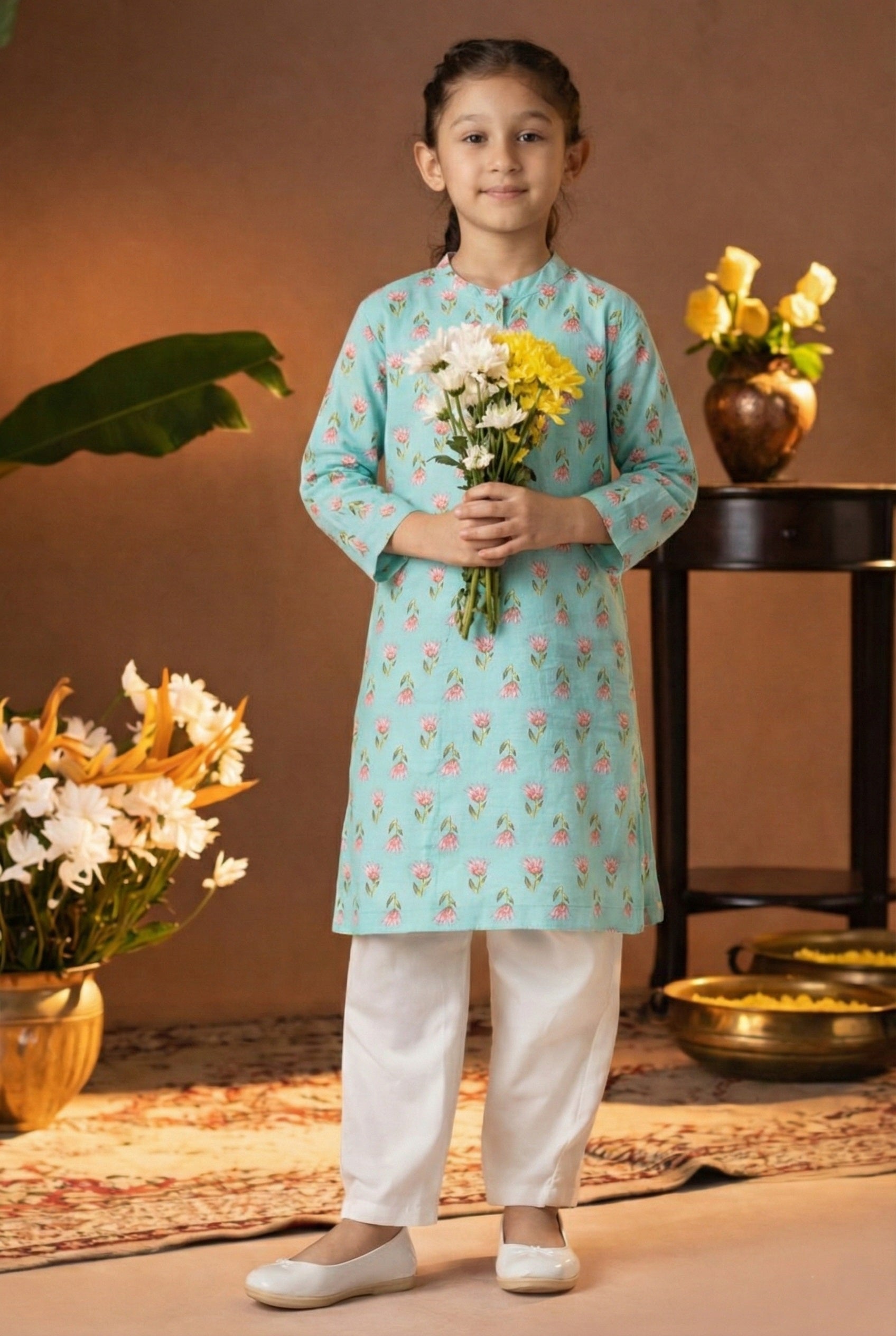 Printed Cotton Kurta Pyjama Set For Girls (K1049)