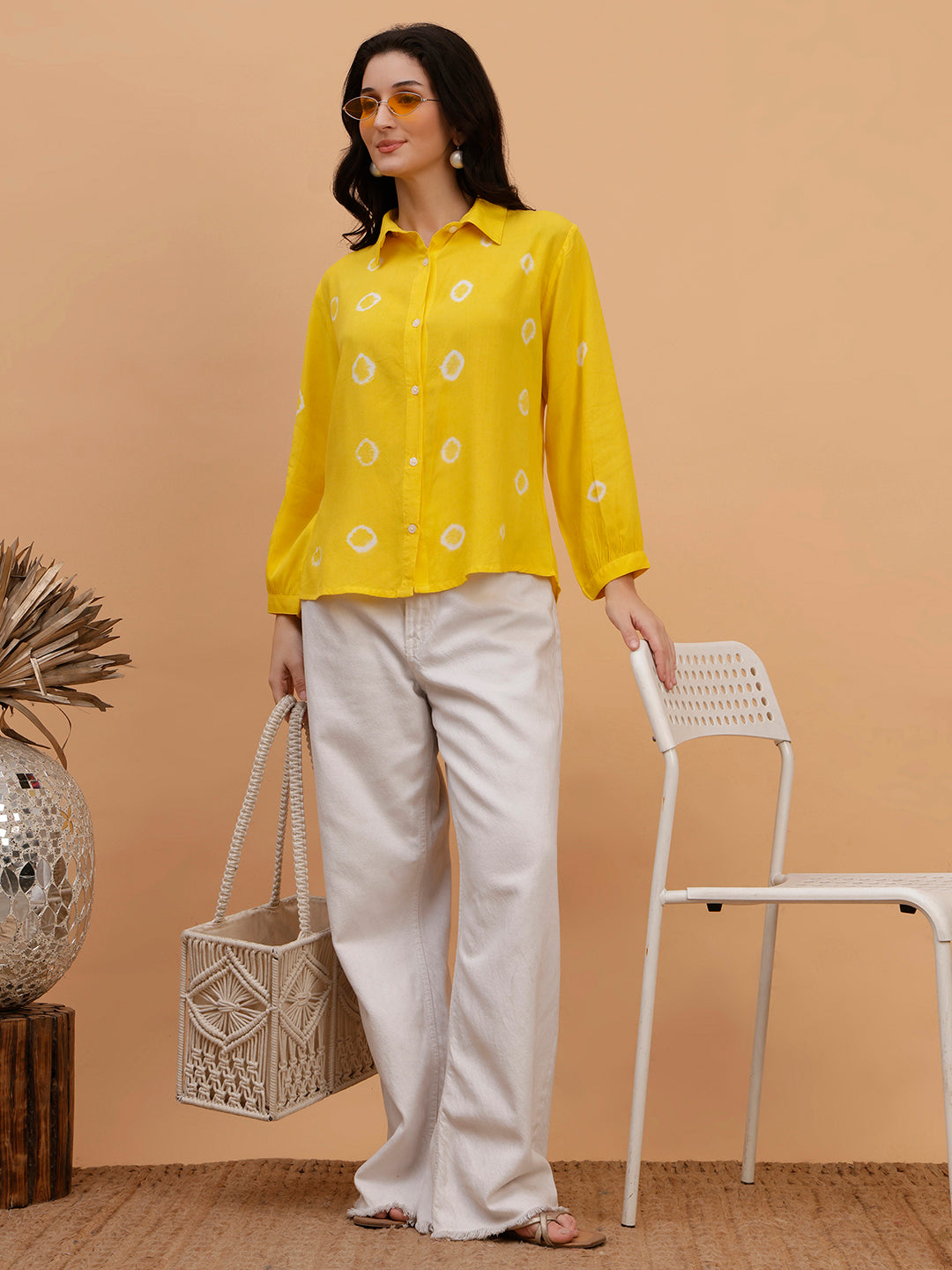 Women Hand Tie & Dye Yellow Rayon Casual Shirt (W1797)