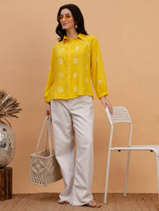 Women Hand Tie & Dye Yellow Rayon Casual Shirt (W1797)