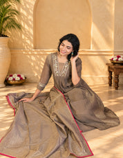 Jaipurhues Luxe Brown Crepe Tissue Festive Kurta Set | Kurta Bottom Dupatta (W10003)