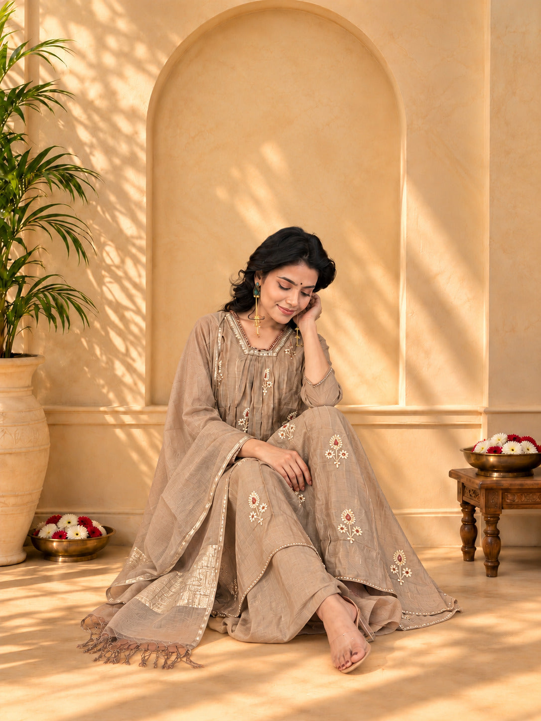 Jaipurhues Luxe Brown Mulchanderi Festive Kurta Set | Kurta Bottom Dupatta (W10002)