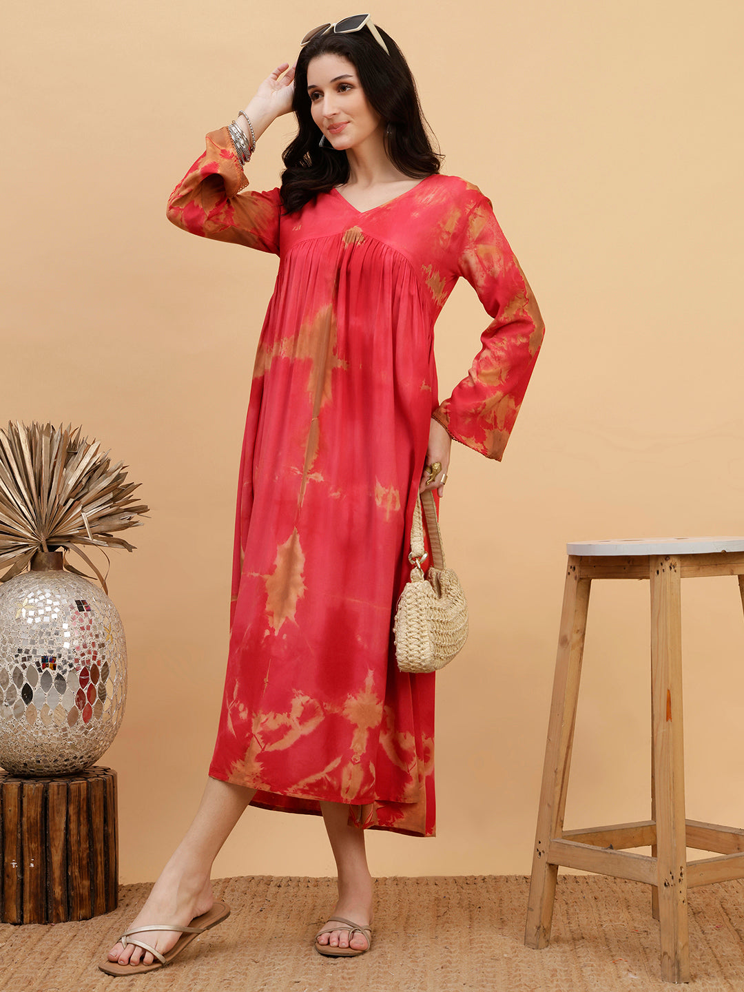 Women Hand Tie & Dye Red Rayon A-Line Dress (W1803)