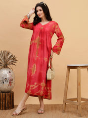 Women Hand Tie & Dye Red Rayon A-Line Dress (W1803)