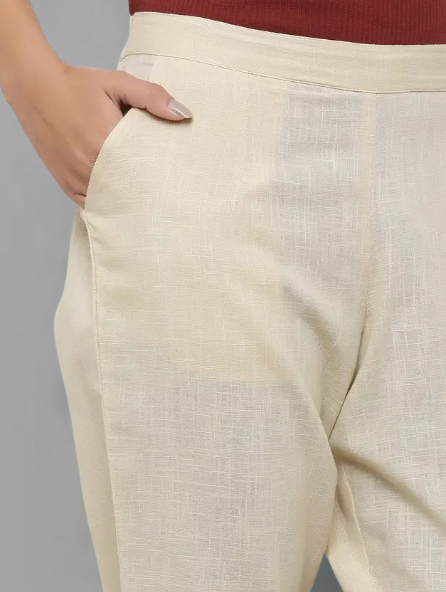Women Off White Cotton Solid Casual Pant (W1053)