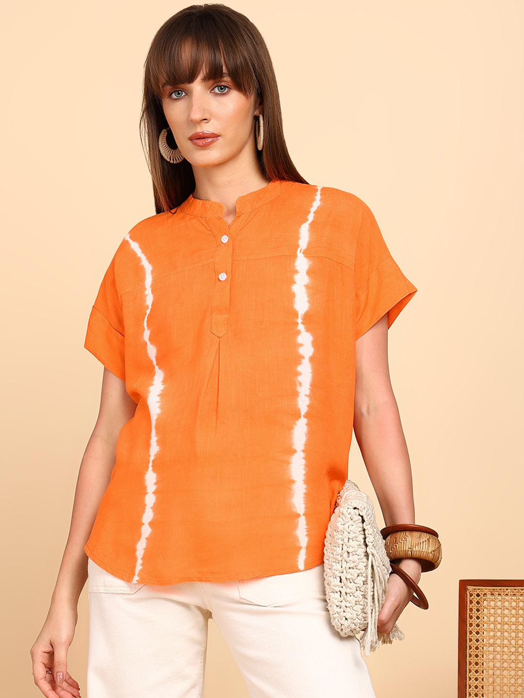 Women Rayon Slub Tie & Dye Mandarin Collar Regular Fit Top (W1768)