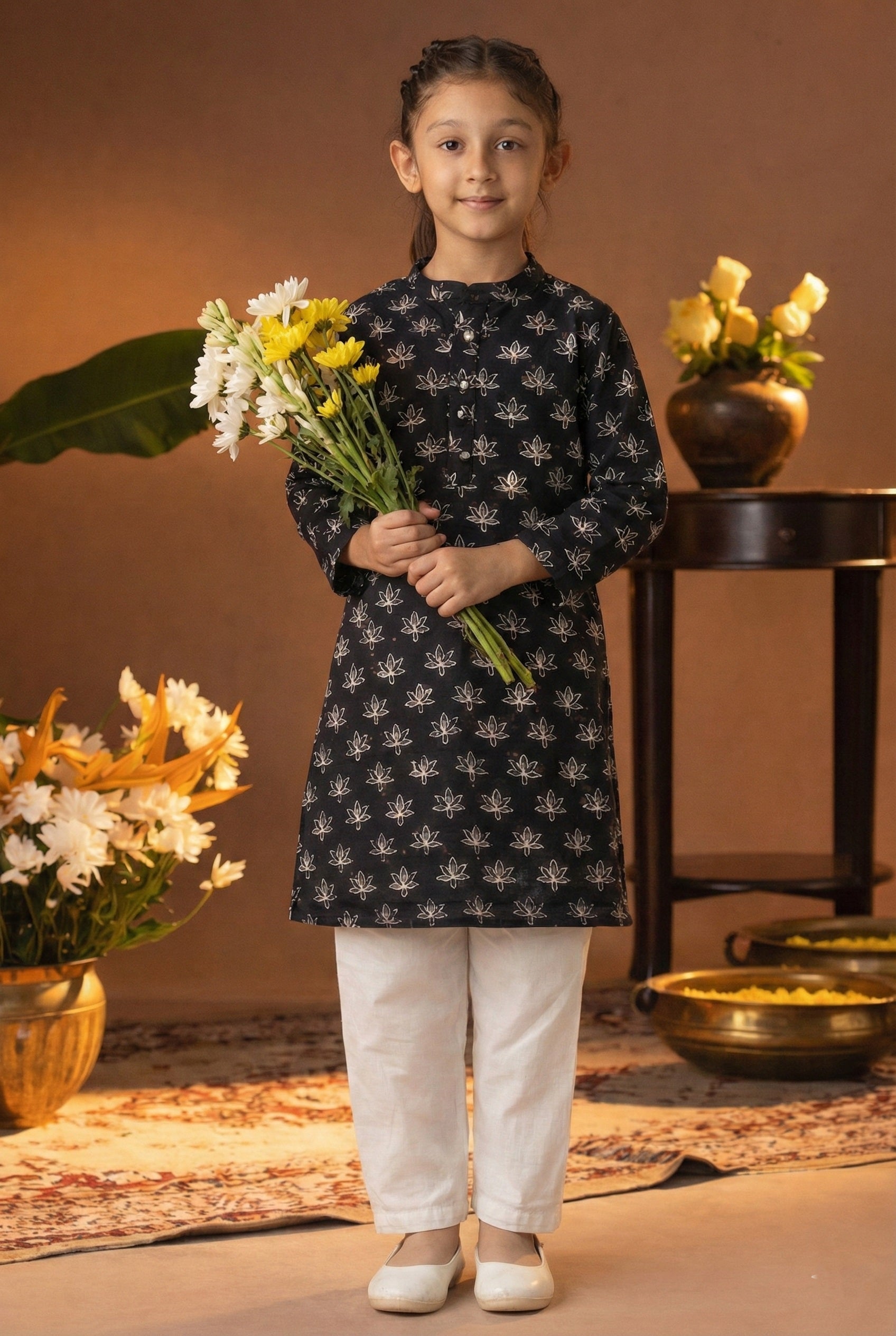 Printed Cotton Kurta Pyjama Set For Girls (K11083)