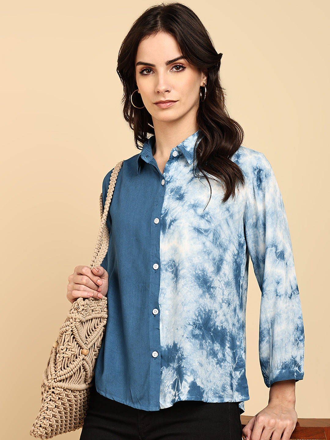 Women Casual Rayon Staple Tie & Dye Spread Collar Full Sleeves Relaxed Fit Shirt (W1692)