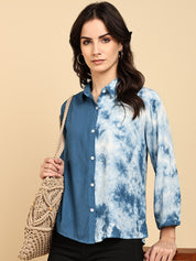 Women Casual Rayon Staple Tie & Dye Spread Collar Full Sleeves Relaxed Fit Shirt (W1692)