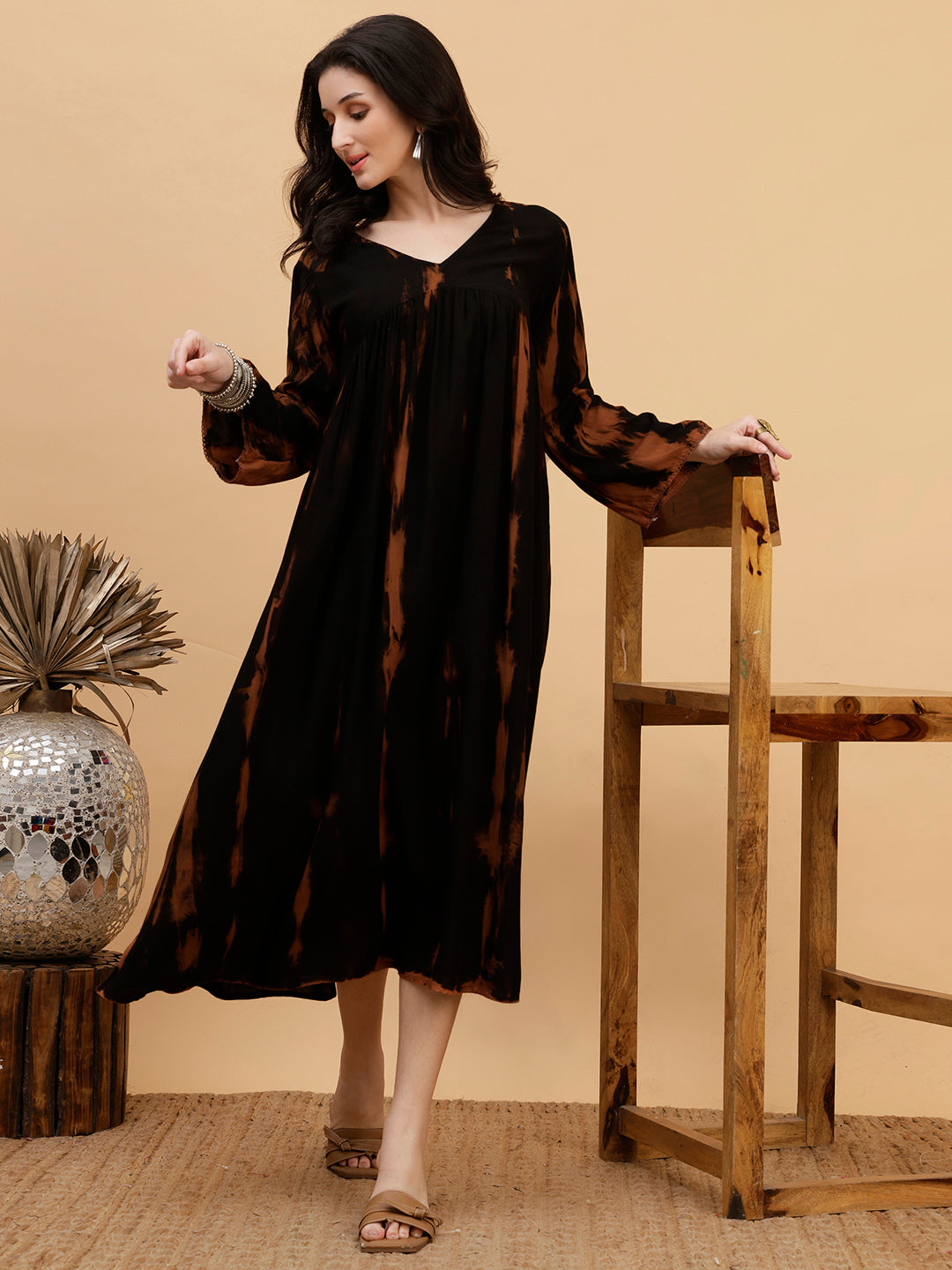 Women Hand Tie & Dye Black Rayon A-Line Dress (W1802)
