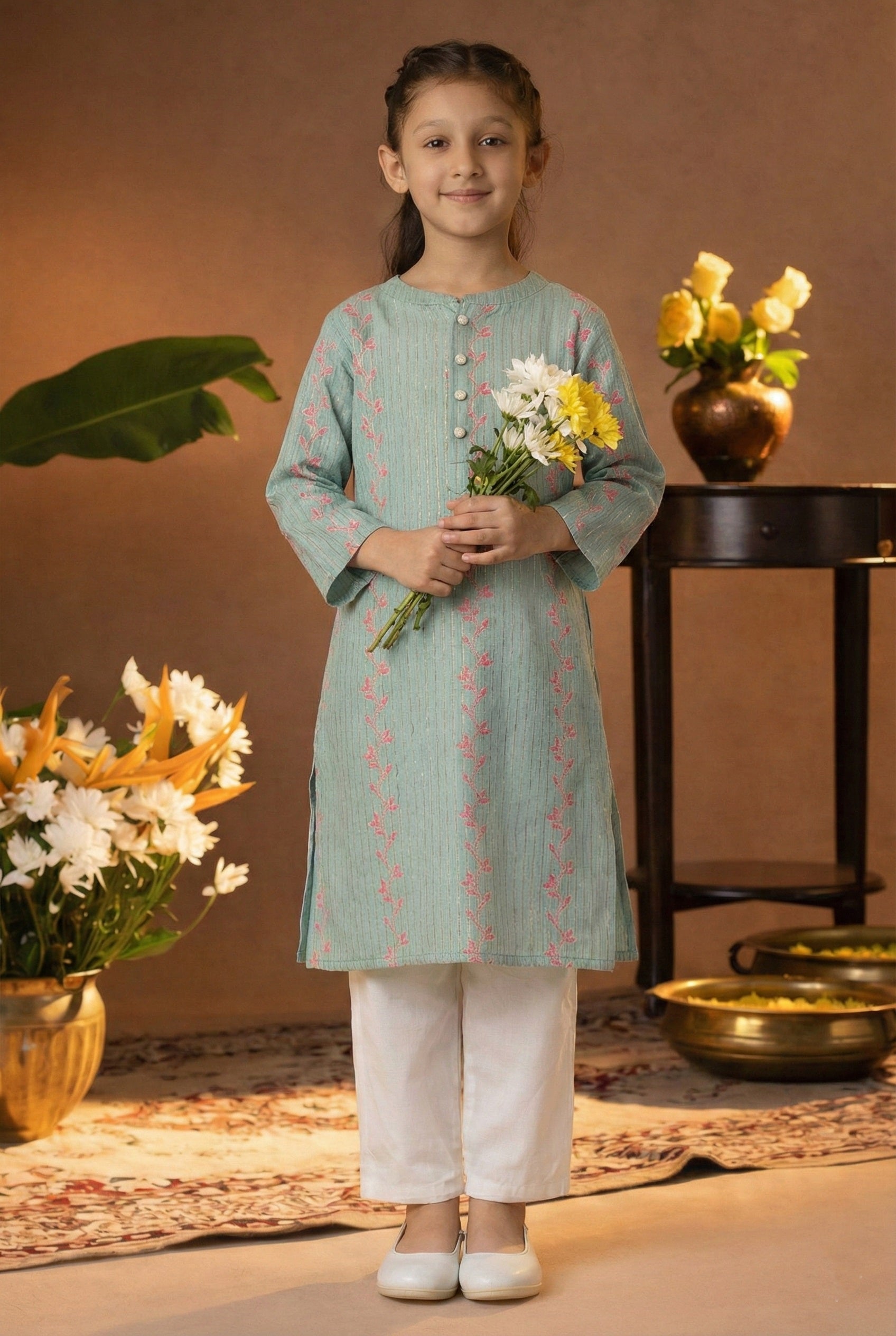 Printed Cotton Kurta Pyjama Set For Girls (K1051)