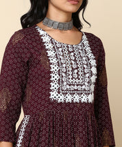 Coffee Brown Embroidered Rayon Naira Cut Kurta with Chiffon Dupatta (W1418)