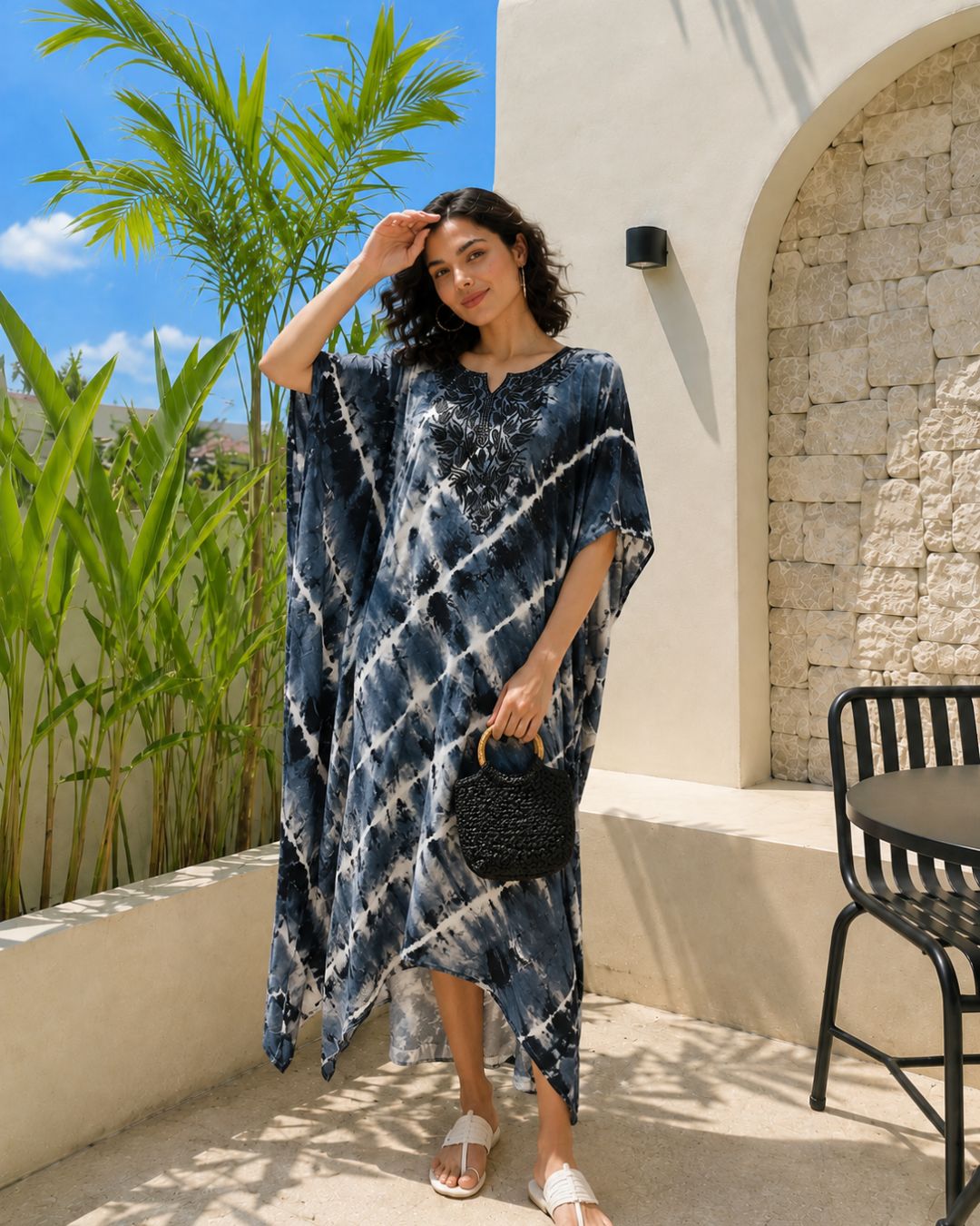 Women Hand Tie & Dye Rayon Staple Kaftan Dress (W1380)