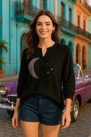 Black Tie-Dye Crepe Loose Fit Shirt (W1560)