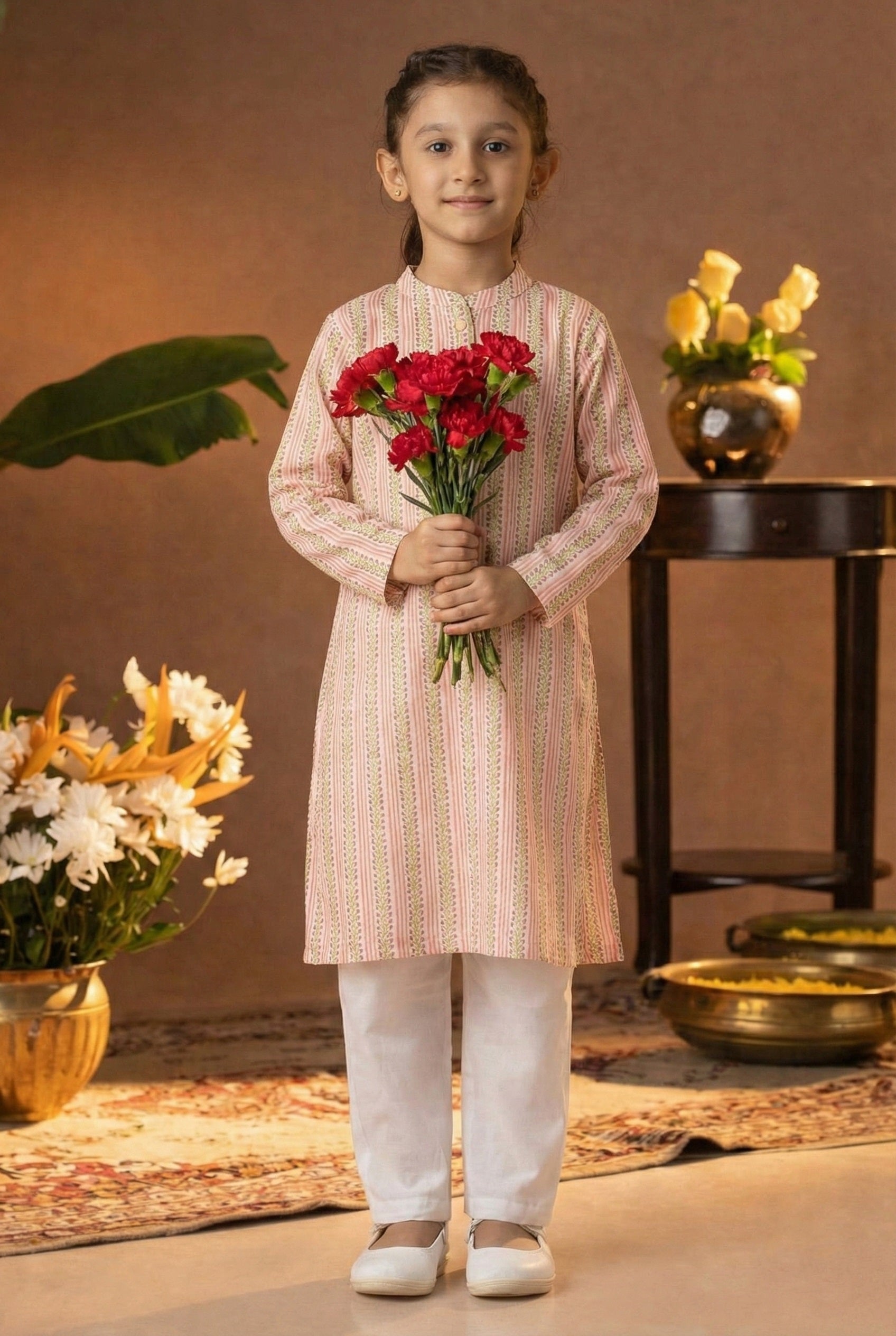 Printed Cotton Kurta Pyjama Set For Girls (K1052)