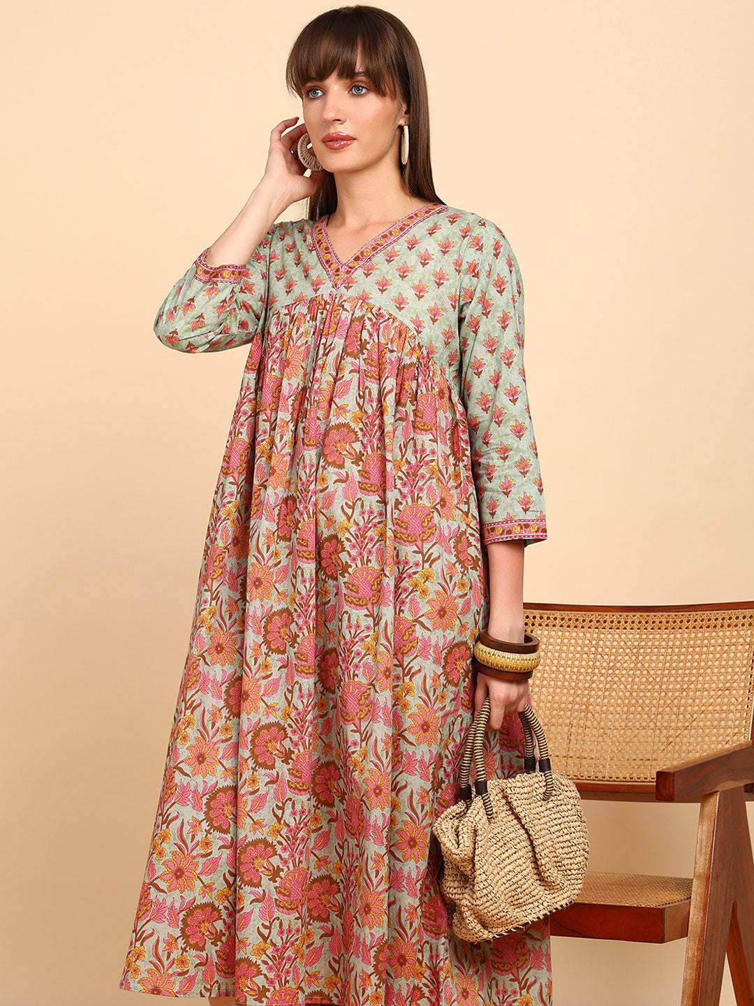 Women Cotton Floral Printed Flared/A-Line Dress (W1779)