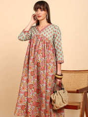 Women Cotton Floral Printed Flared/A-Line Dress (W1779)