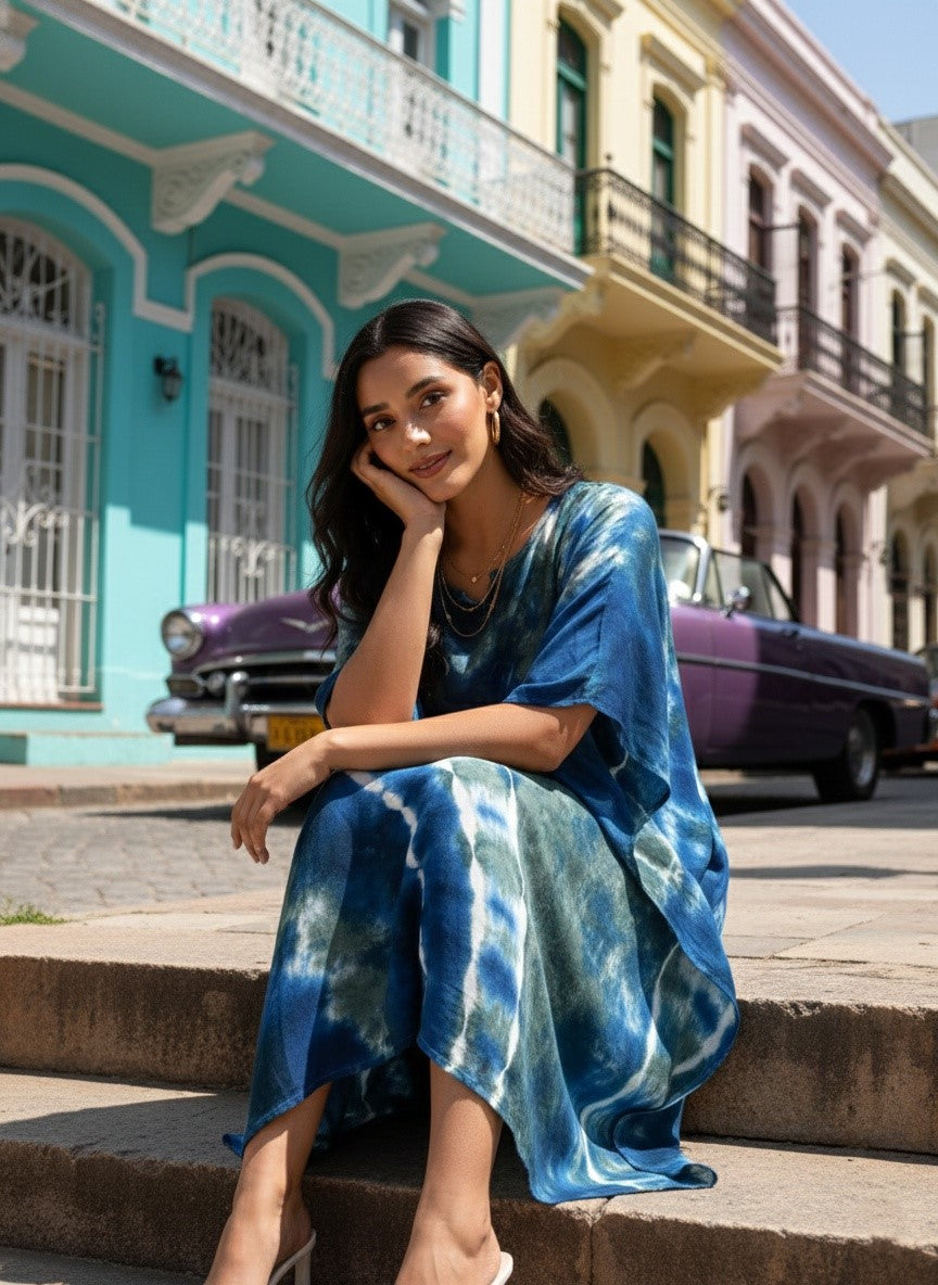 Women Rayon Crepe Tie & Dye Blue Kaftan Dress (W1209)