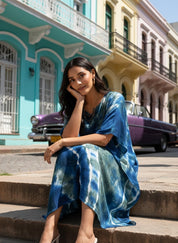 Women Rayon Crepe Tie & Dye Blue Kaftan Dress (W1209)